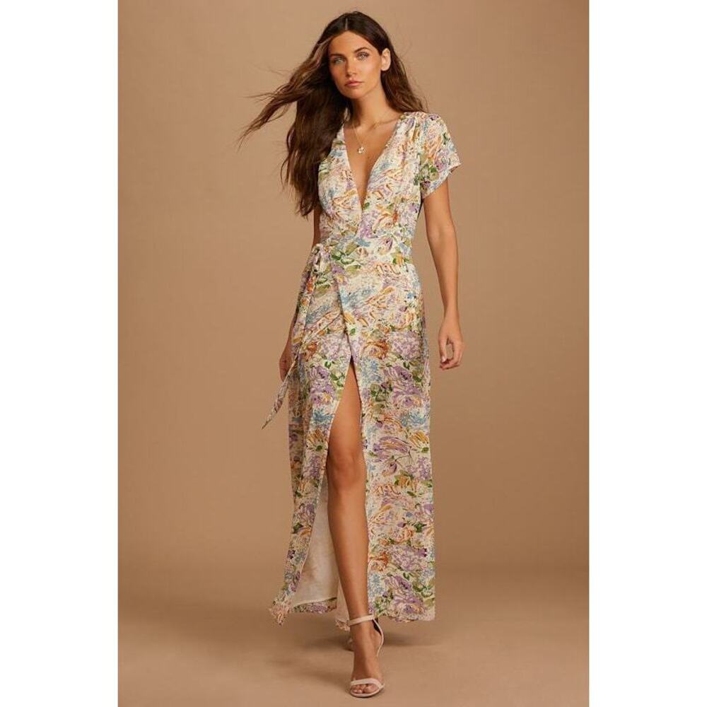 Lulus Feels Magical Ivory Floral Print Short Sleeve Wrap Maxi Dress Beige
